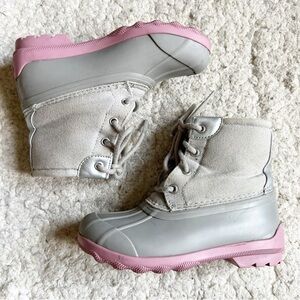 Sperry: Gray, Silver, Pink Girls Lace Up Duck Muck Port Boot Size 12M